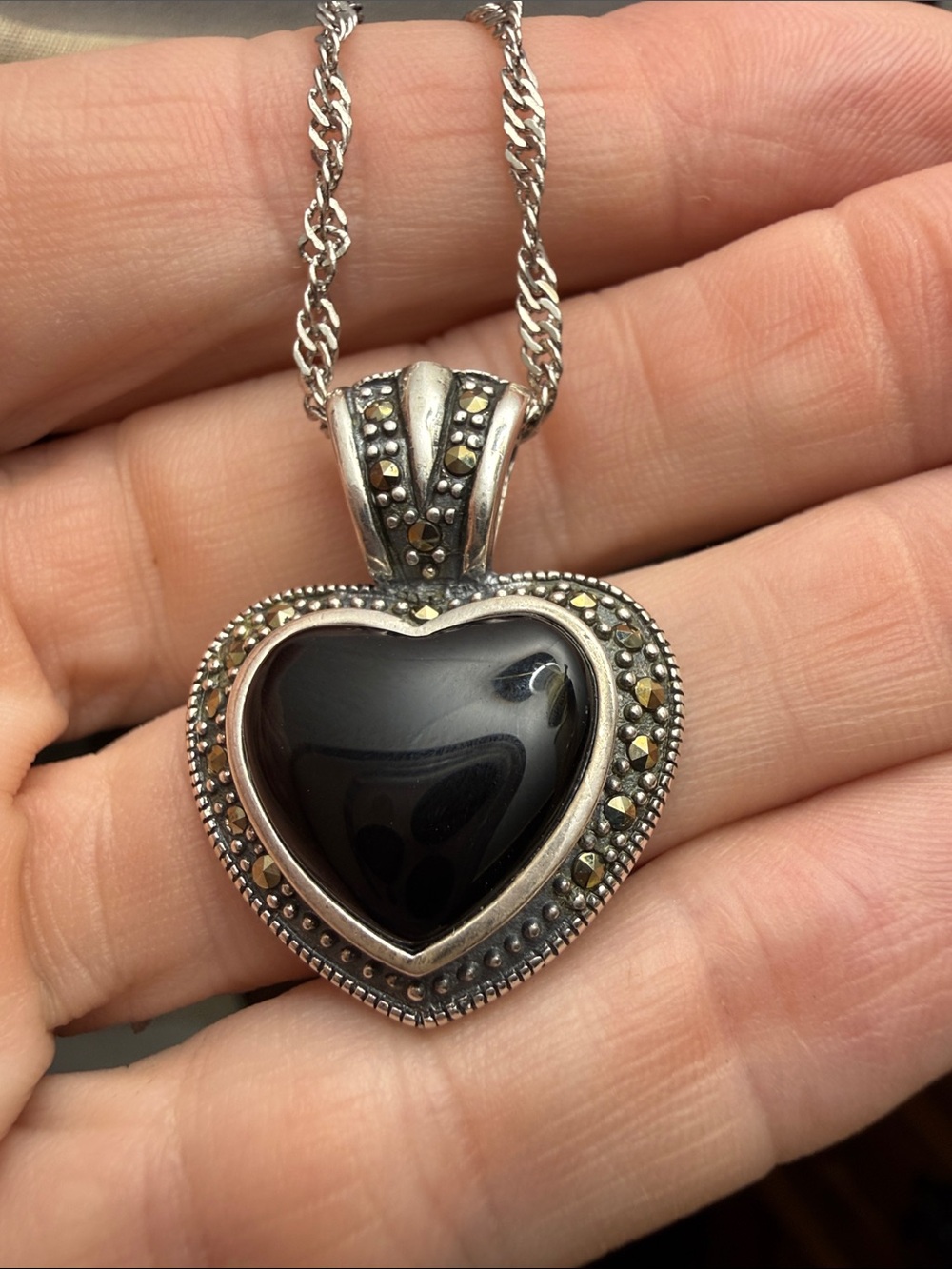 Vintage inspired black Onyx heart 925 sterling silver pendant w/ Marcasite’s NEW